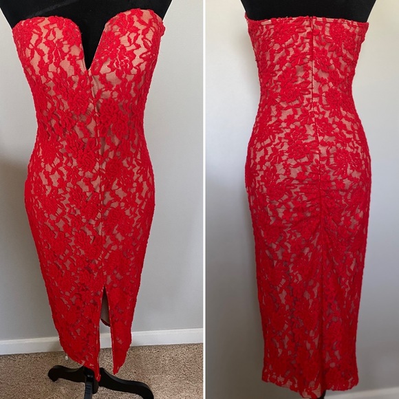 Sexy Red Lace Nude Illusion Strapless Padded Dress - Picture 2 of 2
